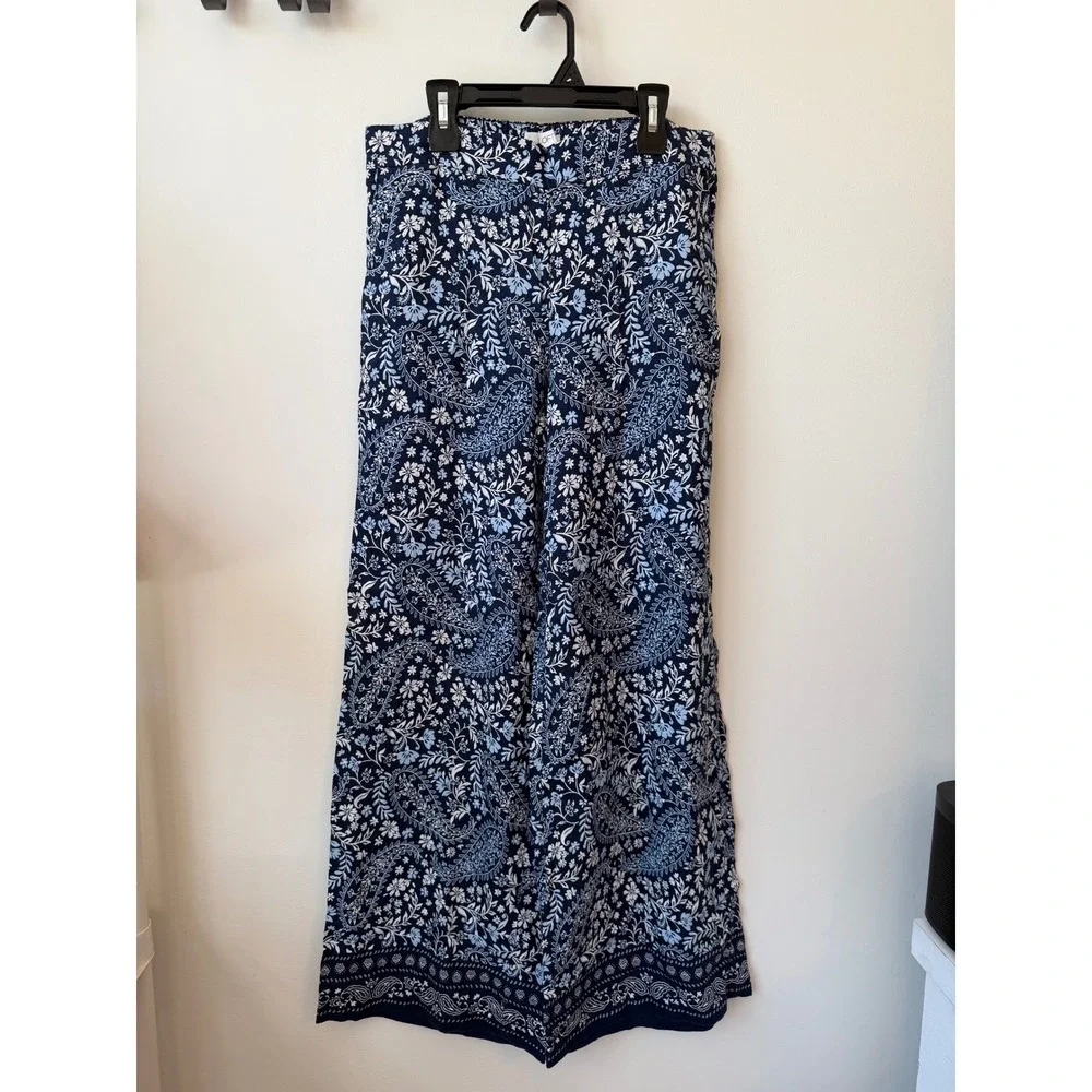 Loft Navy Blue Paisley Floral Wide Leg Pants Small Bohemian Elastic Waist Pants